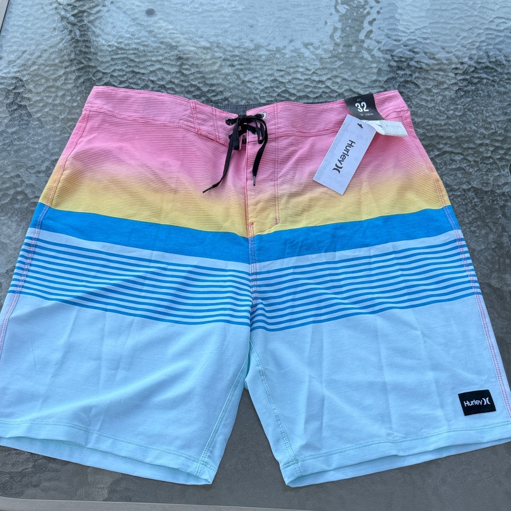 Hurley Men's Pink and Blue Striped Board Shorts